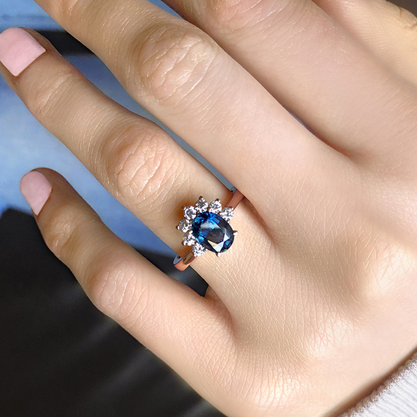 Oval Peacock Sapphire Ring With Diamond Half Halo