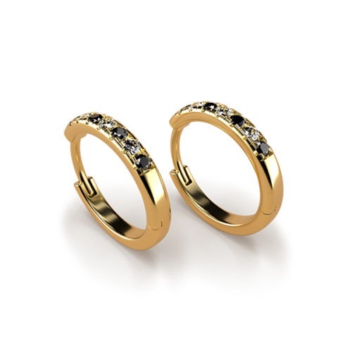 Gold Black & White Diamond Huggie Earrings (Medium) An Yellow Gold
