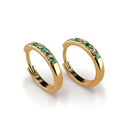 Gold Emerald & Diamond Huggie Earrings (Medium) An Yellow Gold