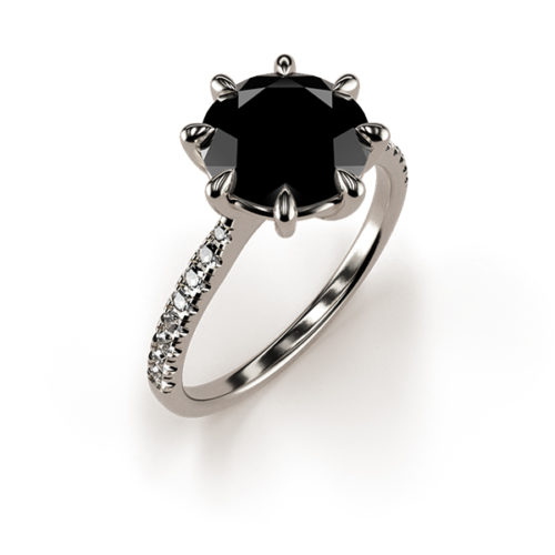 Cat-Claw Solitaire Round Black Diamond Ring with a Diamond Band An WG