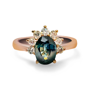 Oval Peacock Sapphire Ring With Diamond Half Halo