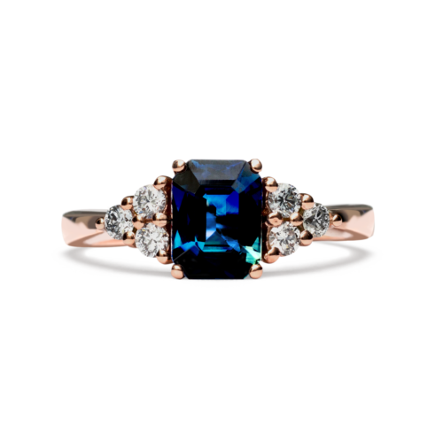 Emerald Cut Peacock Sapphire And Diamond Ring