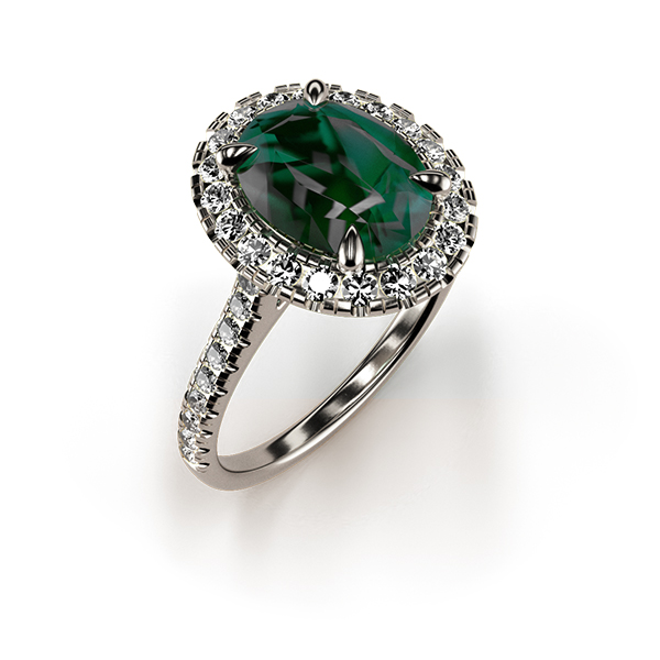 Cat-Claw Halo Oval Emerald Ring with a Diamond Band An White Gold