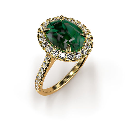 Cat-Claw Halo Oval Emerald Ring with a Diamond Band An Yellow Gold