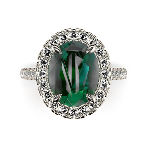 Cat-Claw Halo Oval Emerald Ring with a Diamond Band Tp White Gold