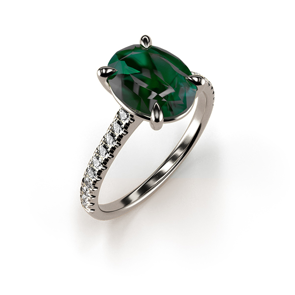 Cat-Claw Solitaire Oval Emerald Ring with a Diamond Band An White Gold