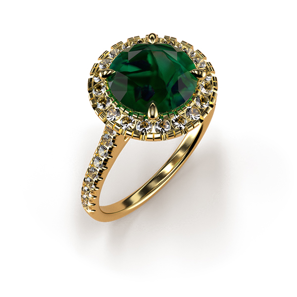 Cat-Claw Halo Round Emerald Ring with a Diamond Band An Yellow Gold