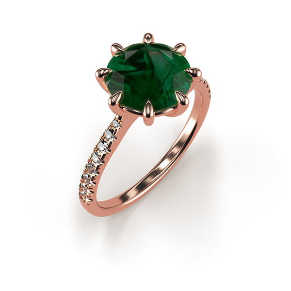 Cat-Claw Solitaire Round Emerald Ring with a Diamond Band An Rose Gold