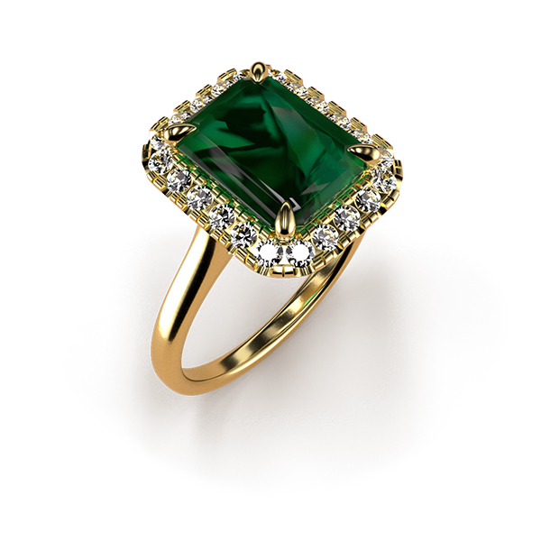 Cat-Claw Halo Emerald Cut Emerald Ring An Yellow Gold