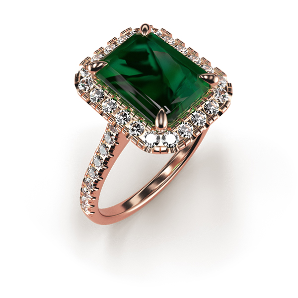 Cat-Claw Halo Emerald Cut Emerald Ring with a Diamond Band An Rose Gold