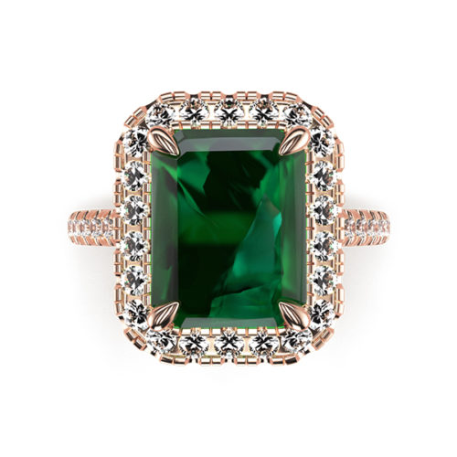 Cat-Claw Halo Emerald Cut Emerald Ring with a Diamond Band Tp Rose Gold