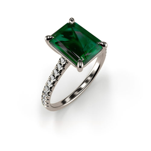 Cat-Claw Solitaire Emerald Cut Emerald Ring with a Diamond Band An White Gold