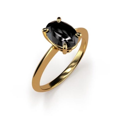4-Claw Solitaire Oval Cut 1ct Black Diamond Ring An Yellow Gold