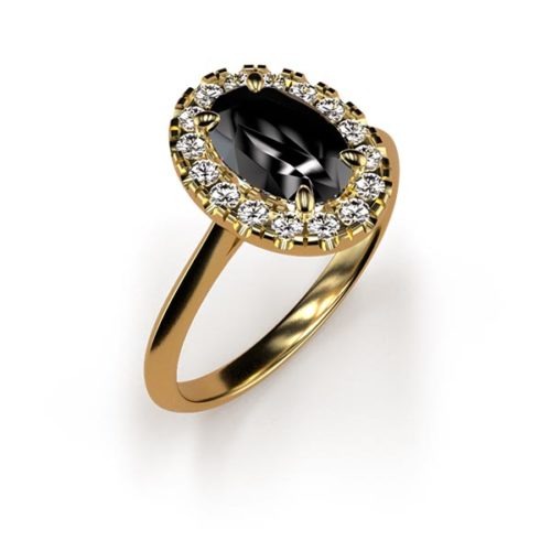 Halo Oval Cut 1ct Black Diamond Ring An Yellow Gold
