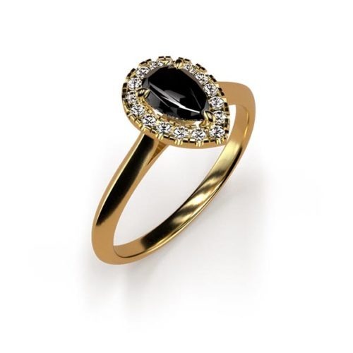 Halo Pear Cut 0.50ct Black Diamond Ring An Yellow Gold