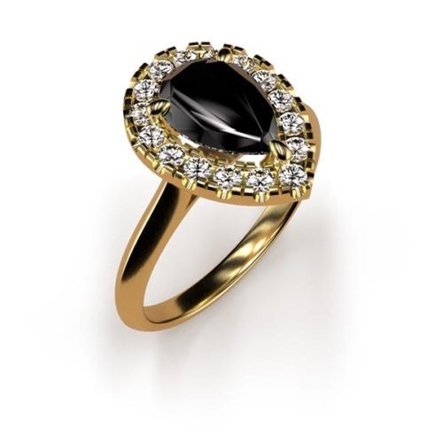Halo Pear Cut 1ct Black Diamond Ring An Yellow Gold