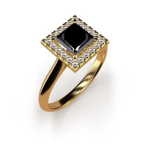 Halo Princess Cut 0.80ct Black Diamond Ring An Yellow Gold