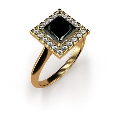 Halo Princess Cut 1ct Black Diamond Ring An Yellow Gold