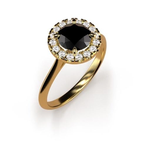 Halo Round Cut 0.80ct Black Diamond Ring An Yellow Gold