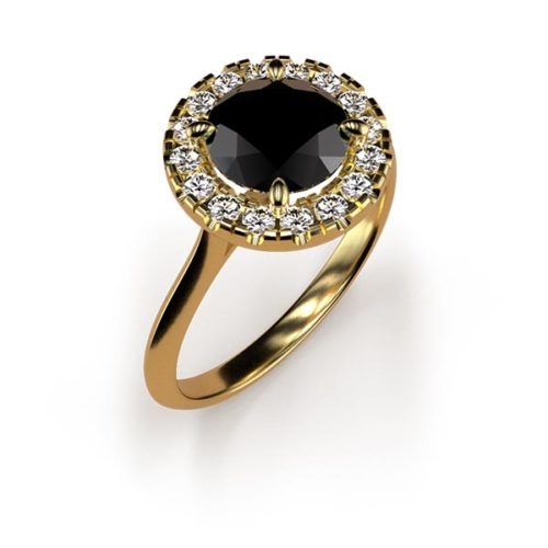Halo Round Cut 1ct Black Diamond Ring An Yellow Gold