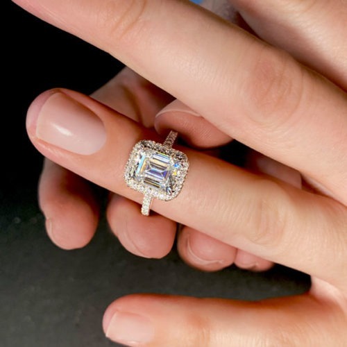 Halo 3ct Emerald Cut Silver Moissanite Ring with a Moissanite Band
