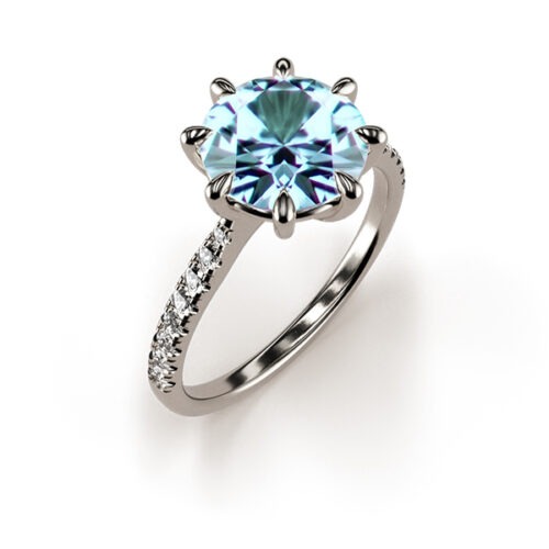 Eight-Claw Solitaire Round Blue Moissanite Ring with a Moissanite Band Silver An