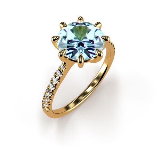 Eight-Claw Solitaire Round Blue Moissanite Ring with a Moissanite Band Yelllow Gold An
