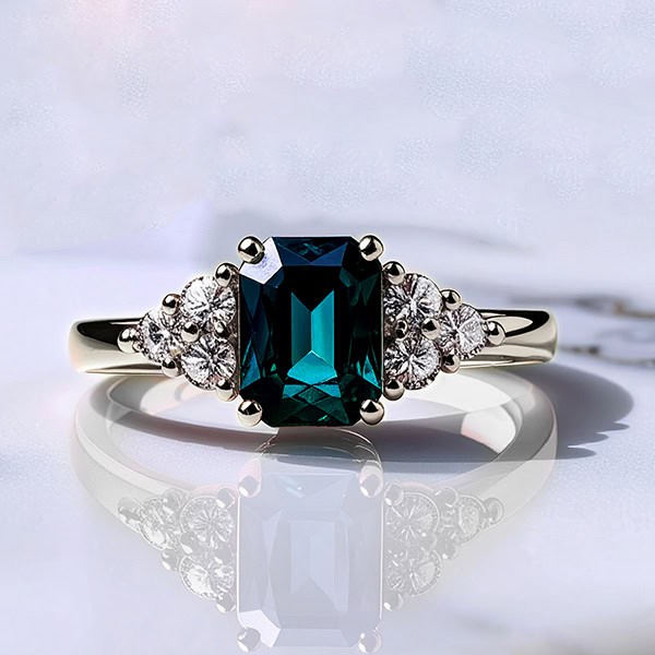 Emerald Cut Peacock Sapphire And Diamond Ring Shiny Rock Polished